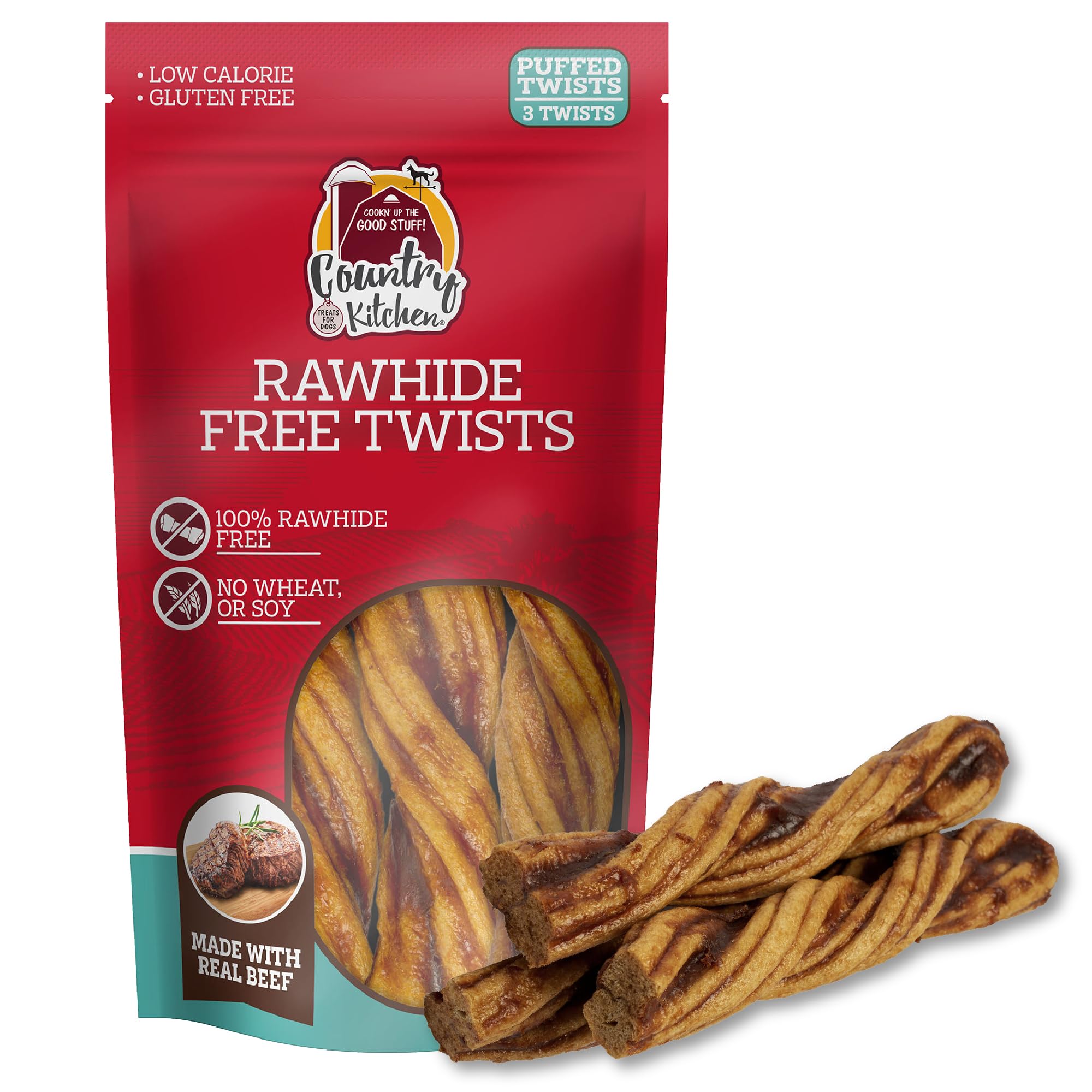 Country Kitchen rawhide-free beef twists pack, real meat flavor for dogs.