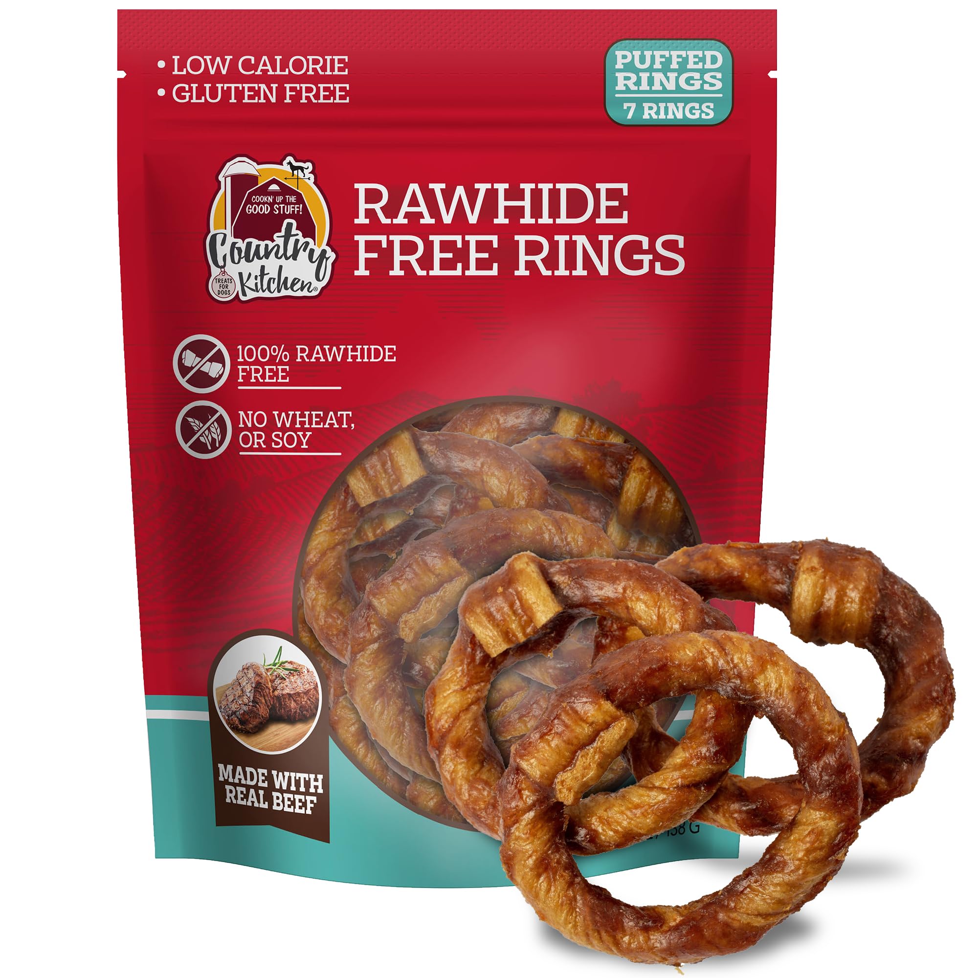 Country Kitchen rawhide-free ring chews with real beef for easy enjoyment.