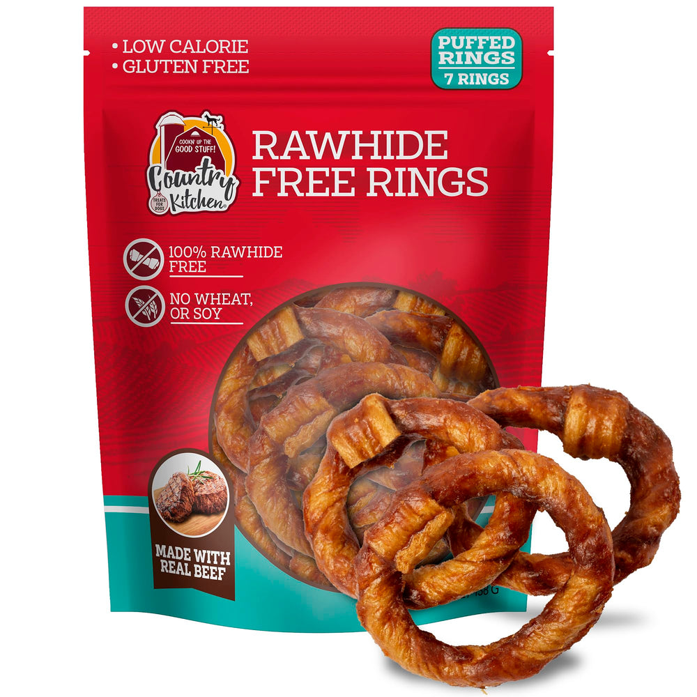 Country Kitchen rawhide-free ring chews with real beef for easy enjoyment.