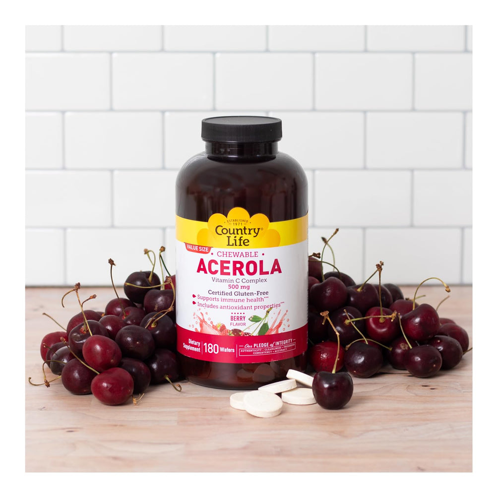 Berry-flavored Country Life acerola chewables ready as a convenient wellness snack