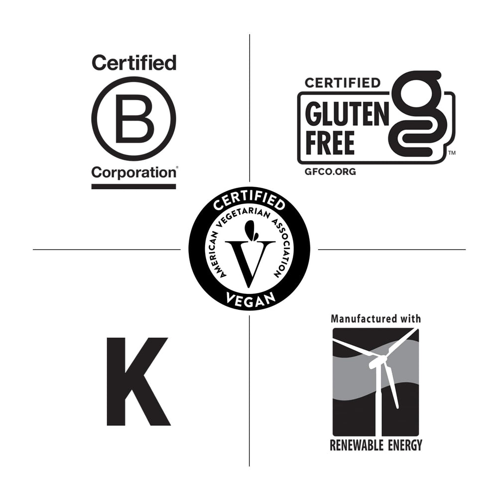 Vibrant packaging scene featuring GFCO gluten-free and AVA vegan seals