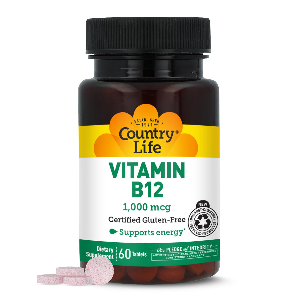 Country Life Vitamin B12 bottle front shown for easy daily energy support