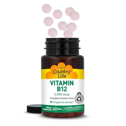 Country Life B12 bottle label close-up highlighting 1000 mcg vegan, gluten-free formula
