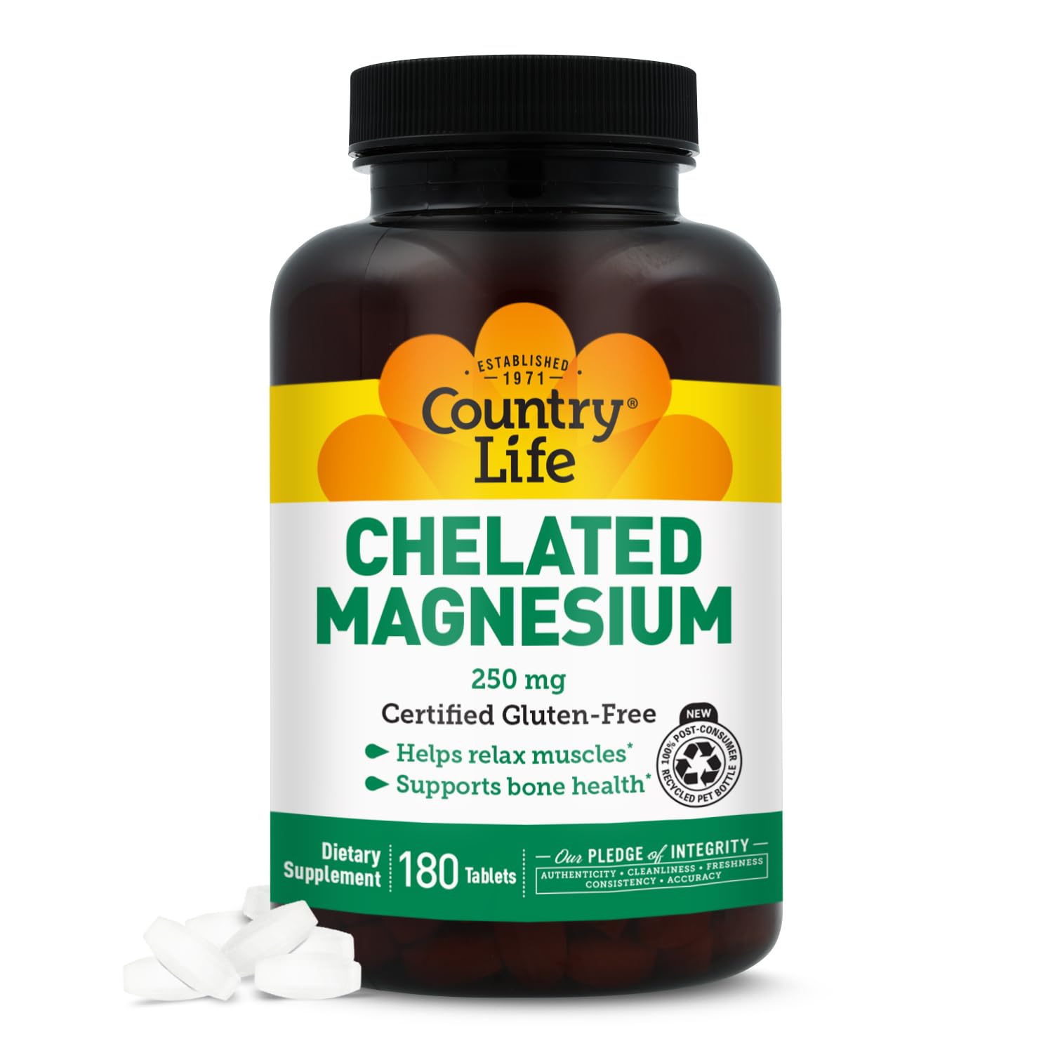 Country Life Chelated Magnesium 250mg bottle being poured to support daily wellness.