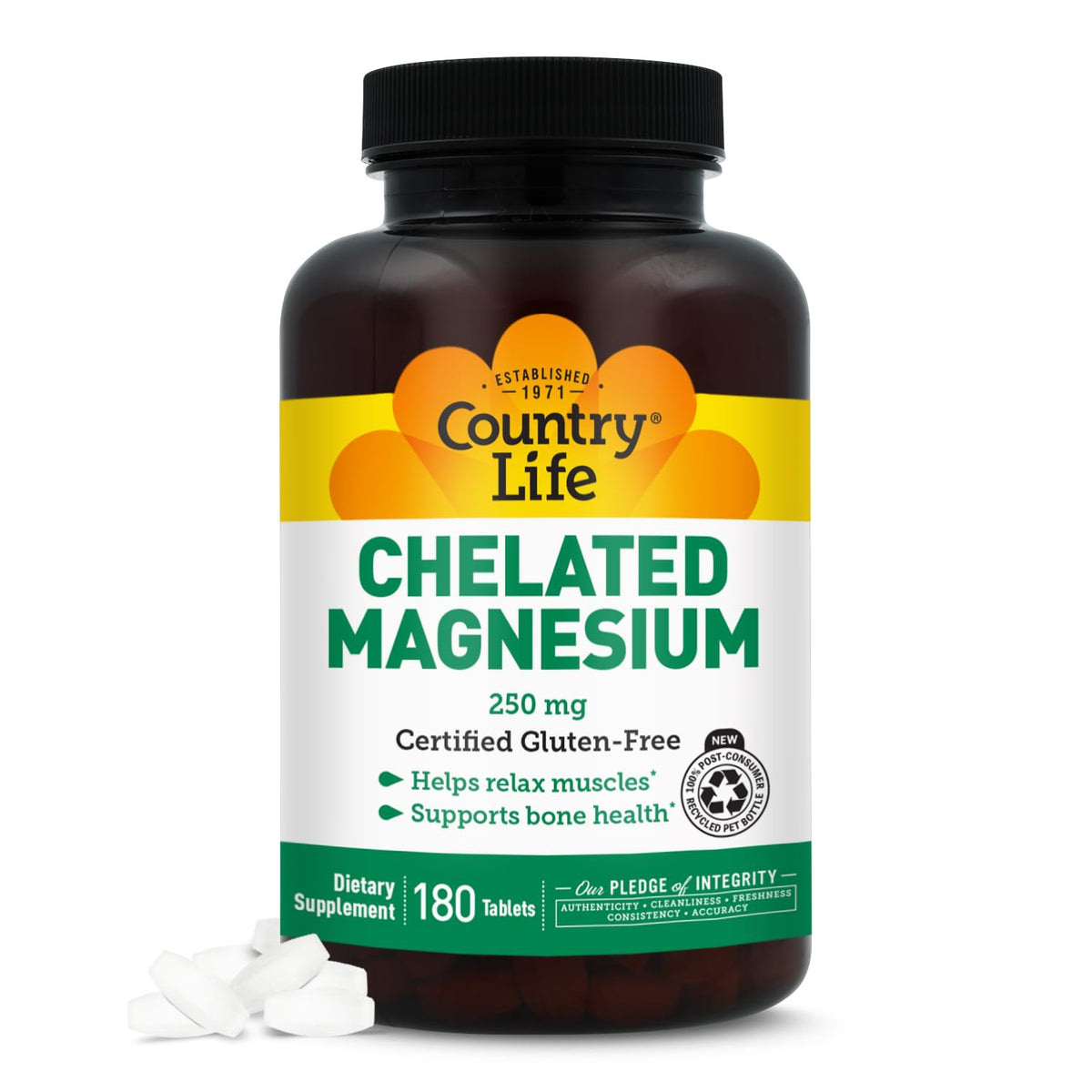 Country Life Chelated Magnesium 250mg bottle being poured to support daily wellness.