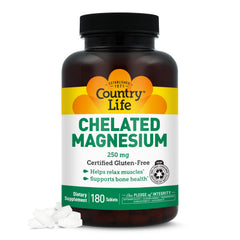 Country Life Chelated Magnesium 250mg bottle being poured to support daily wellness.