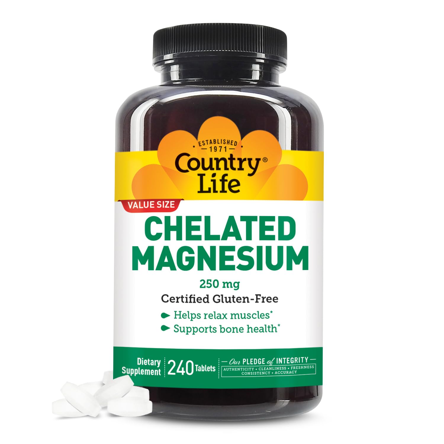Country Life Chelated Magnesium 250mg bottle shown for daily immune support and bone health.