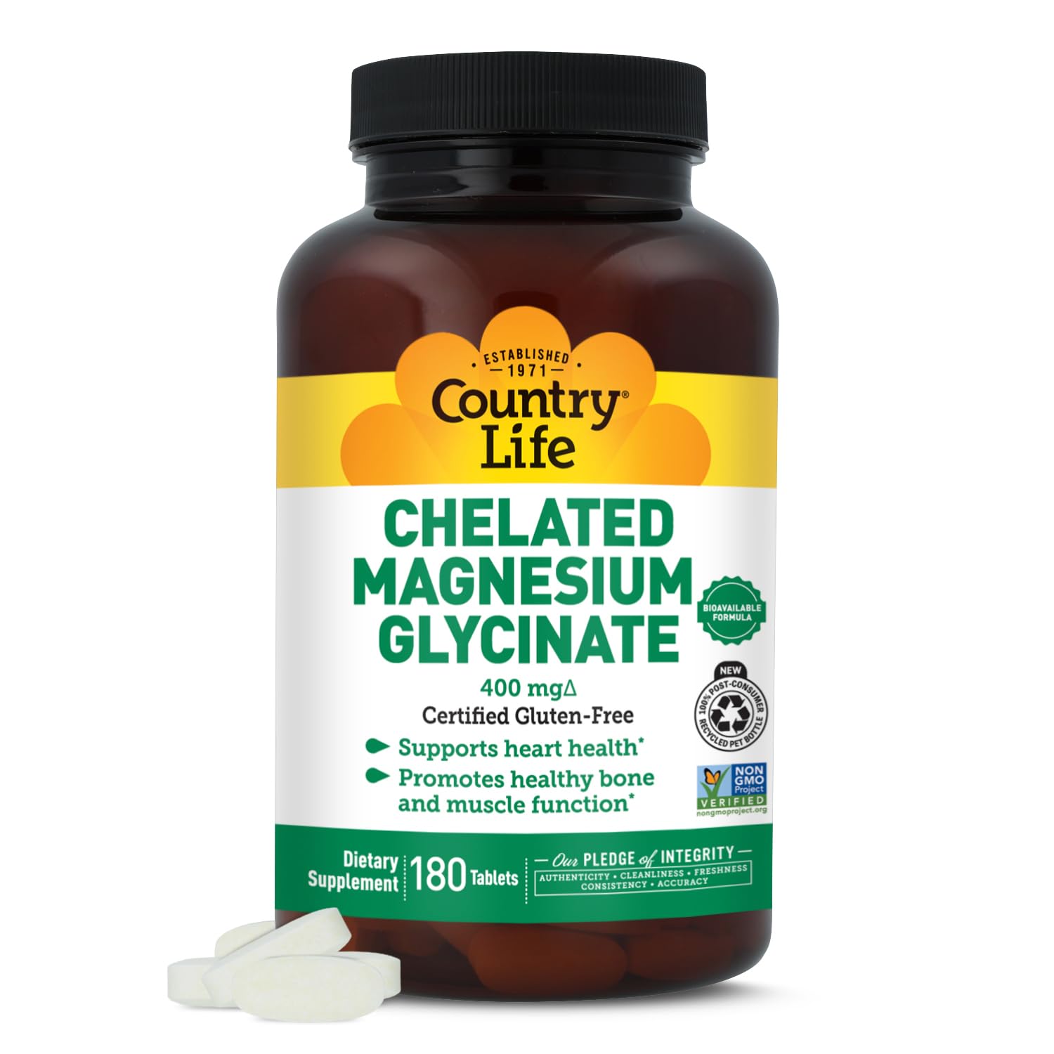 Country Life bottle front of chelated magnesium glycinate 400mg for daily muscle support.