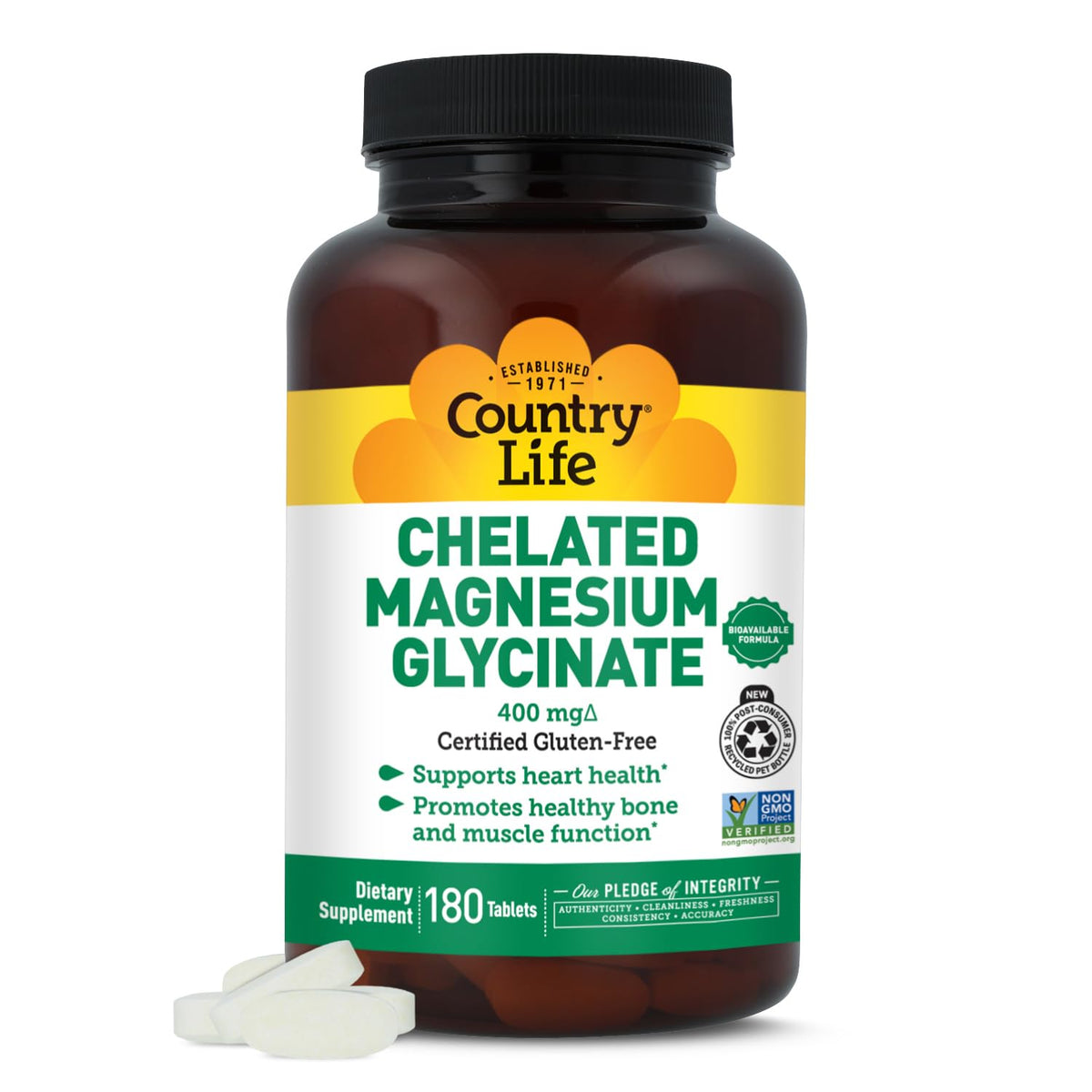 Country Life bottle front of chelated magnesium glycinate 400mg for daily muscle support.