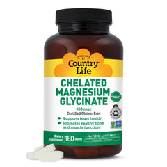 Country Life bottle front of chelated magnesium glycinate 400mg for daily muscle support.