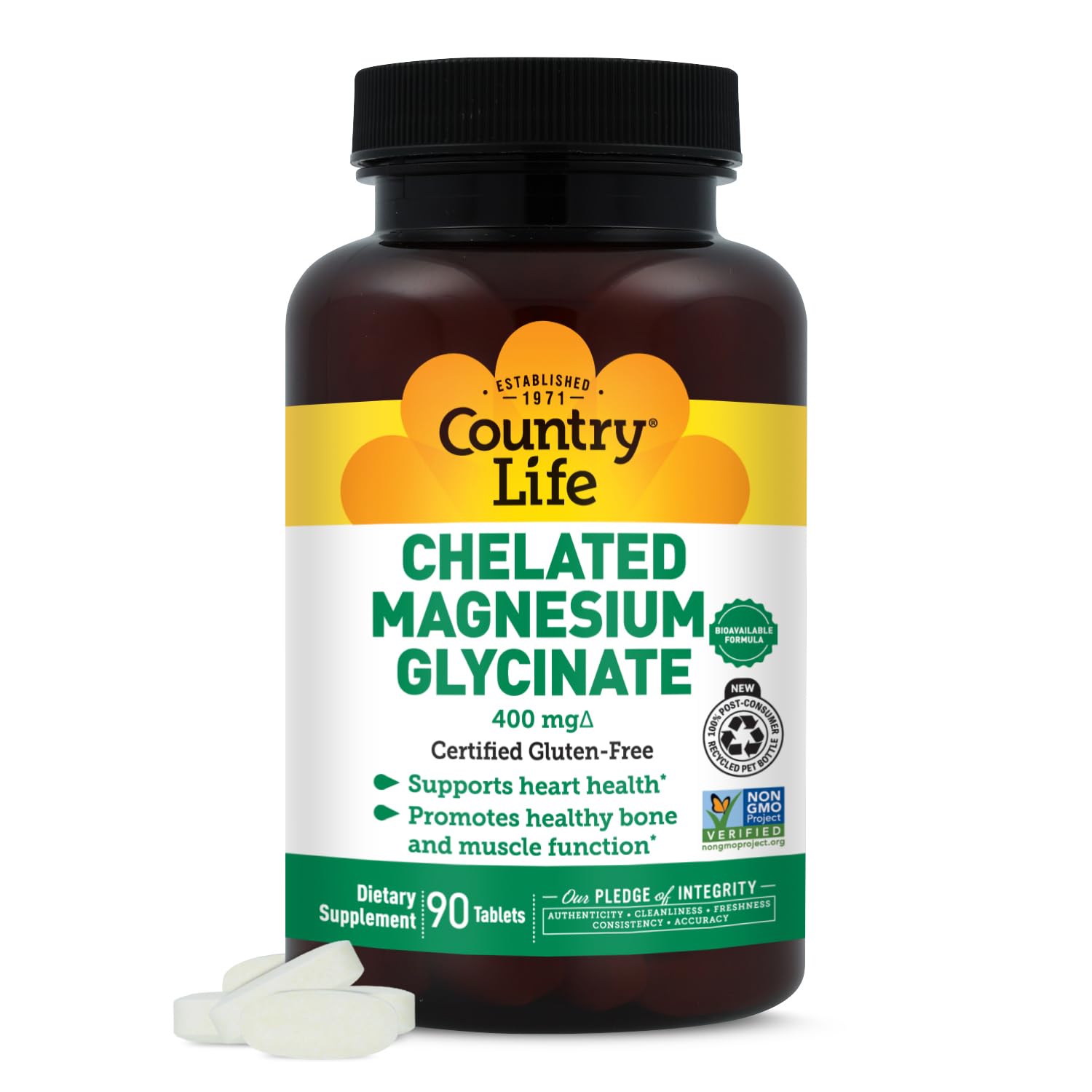 Country Life chelated magnesium glycinate bottle for high-absorption daily support.