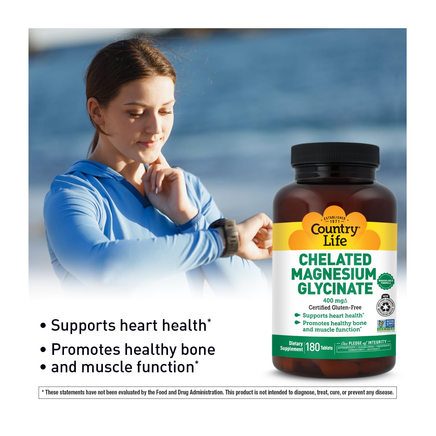Country Life halal-certified badge on magnesium glycinate bottle for diverse diets.