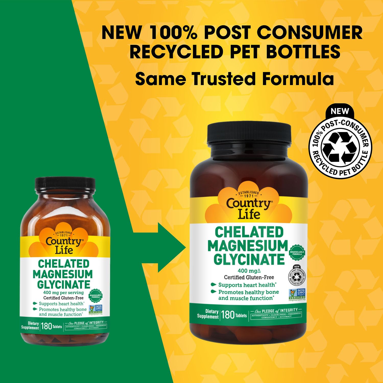 Country Life gluten-free label on magnesium glycinate 400mg bottle for clean supplementation.