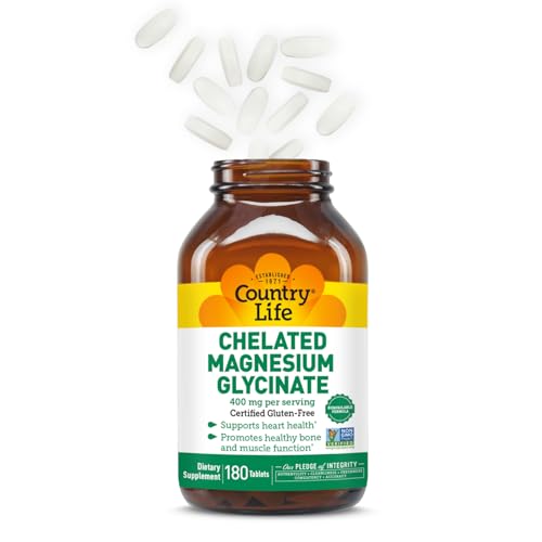 Country Life magnesium glycinate tablets close-up highlighting high absorption potential.