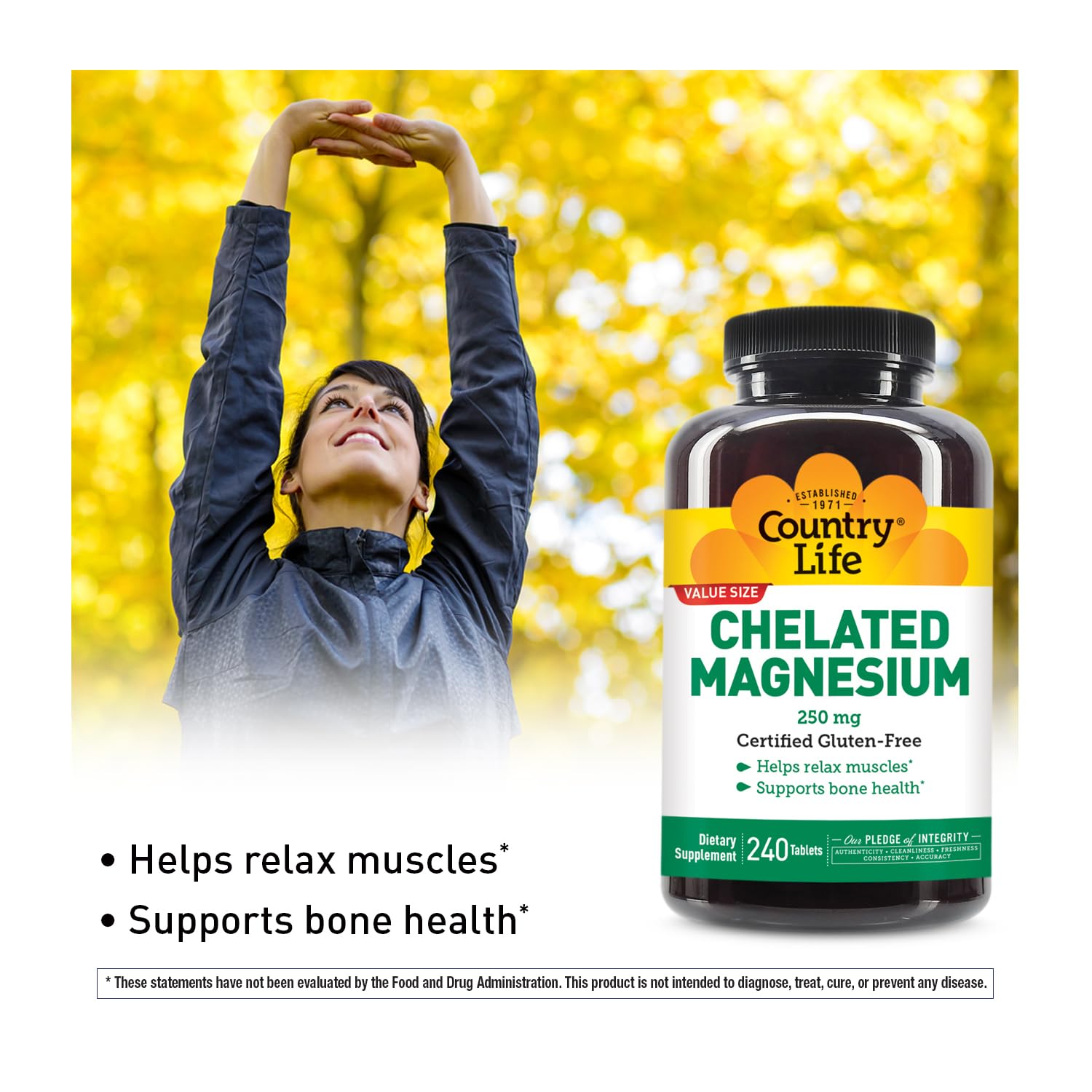 Country Life Chelated Magnesium label showing gluten-free vegan kosher certifications.