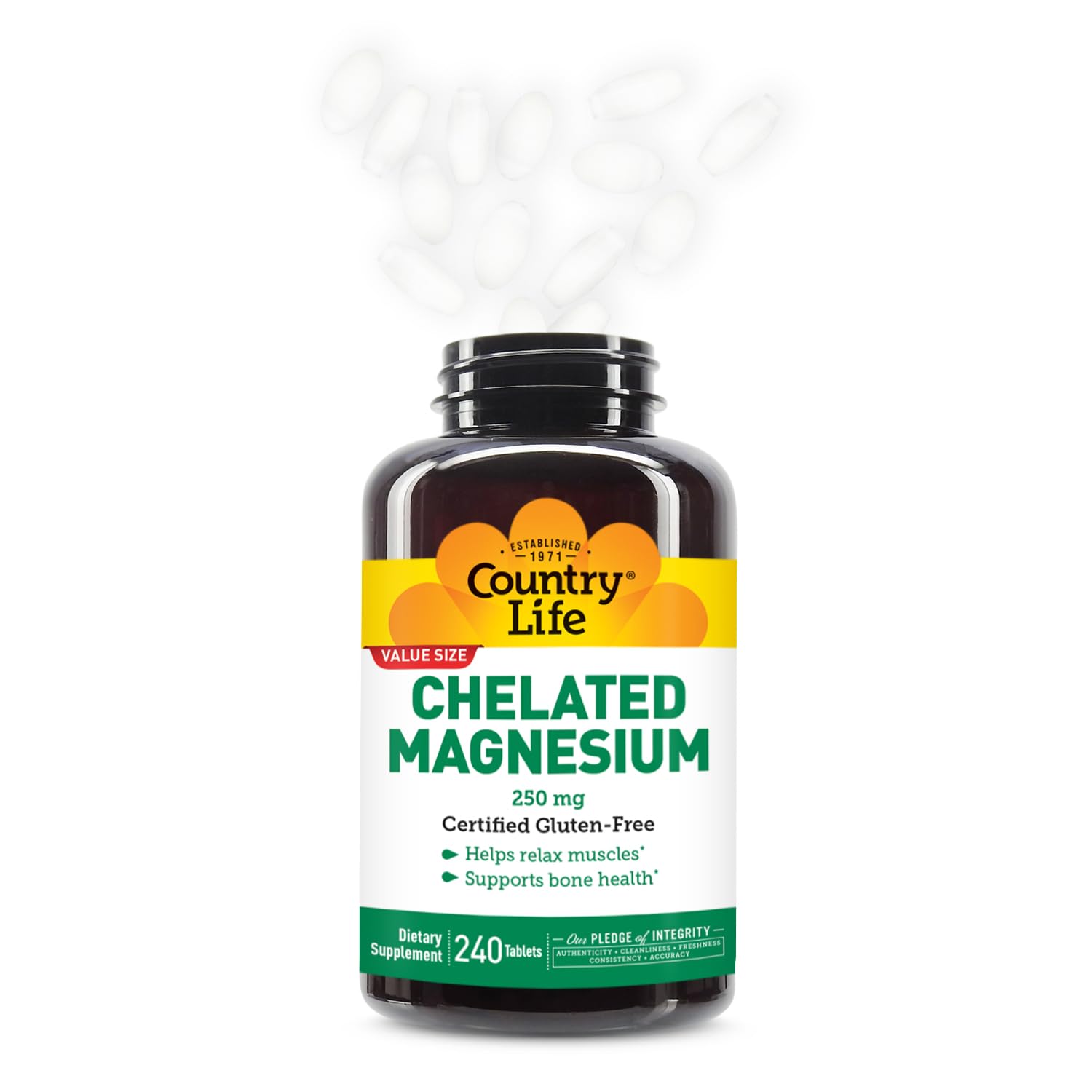 Country Life Chelated Magnesium packaging emphasizes quality control and ethical sourcing.
