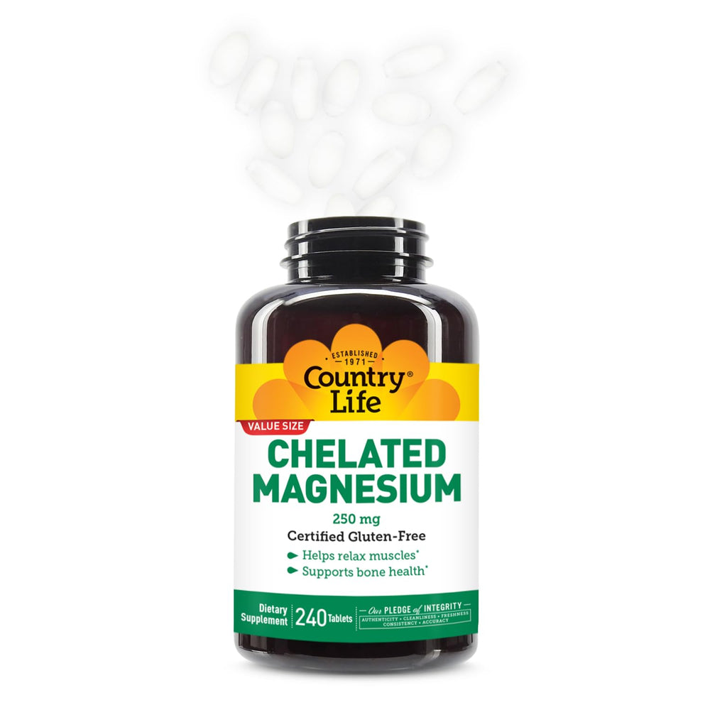Country Life Chelated Magnesium packaging emphasizes quality control and ethical sourcing.