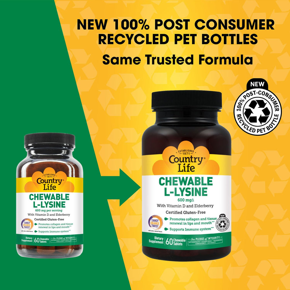 Country Life Lysine chewable jar label highlights immune-support ingredients.