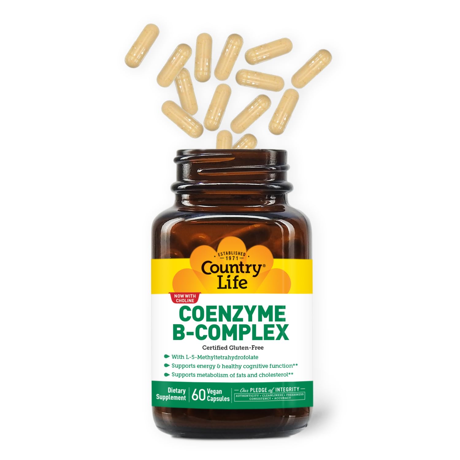 Country Life Coenzyme B-Complex bottle back highlights gluten-free and vegan certifications