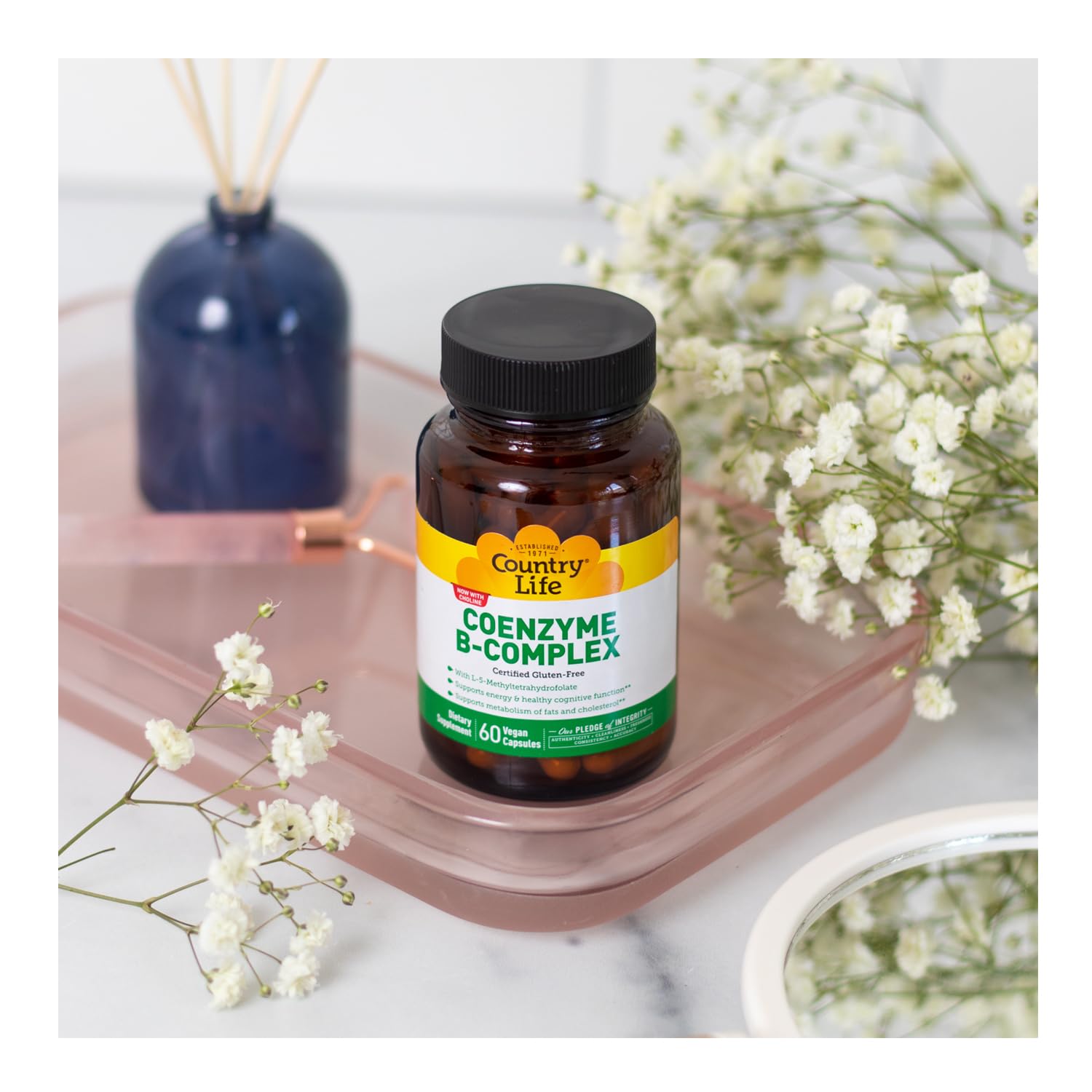 Country Life Coenzyme B-Complex label detail explains choline and bioavailable B vitamins