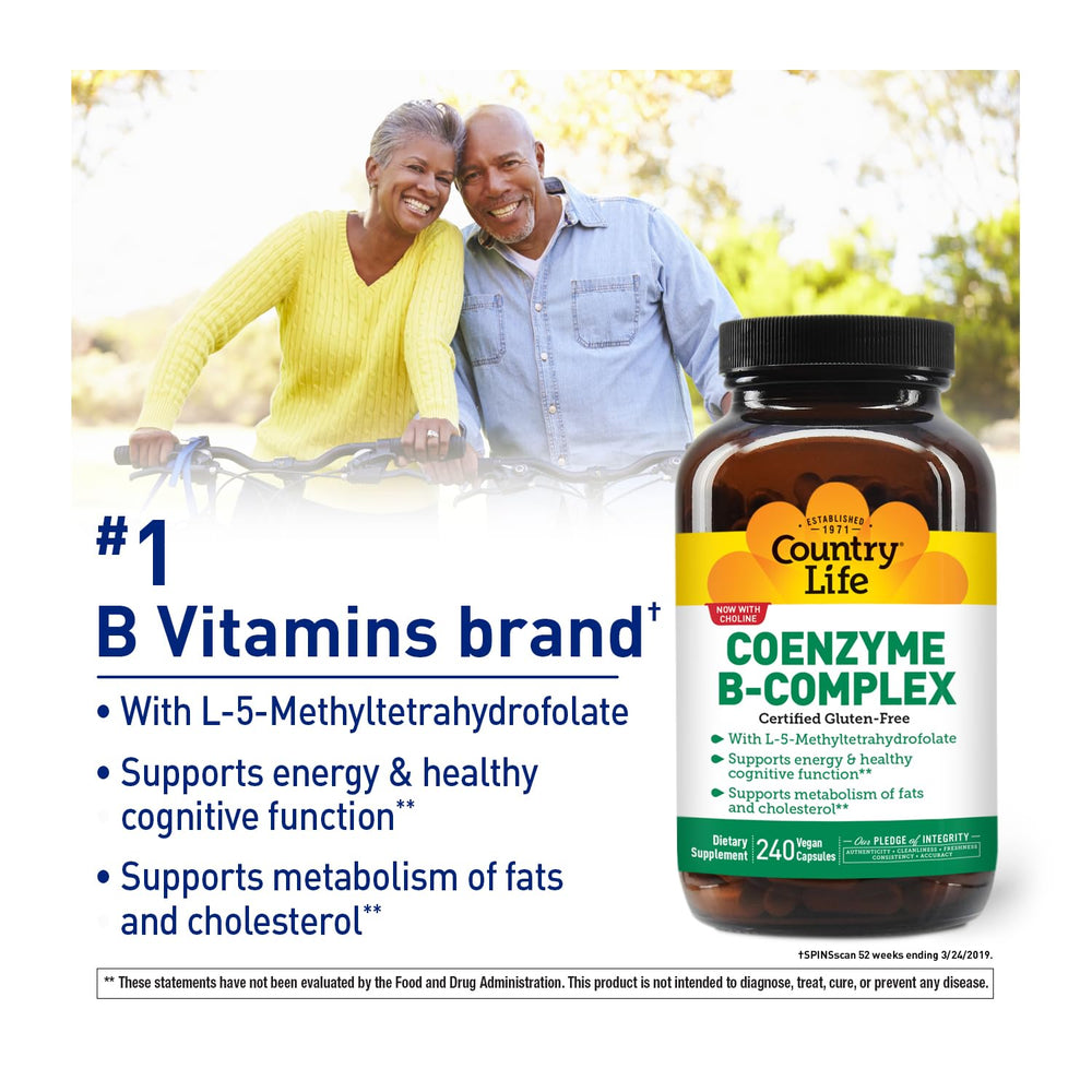 Country Life Coenzyme B-Complex morning routine scene with bottle and glass.