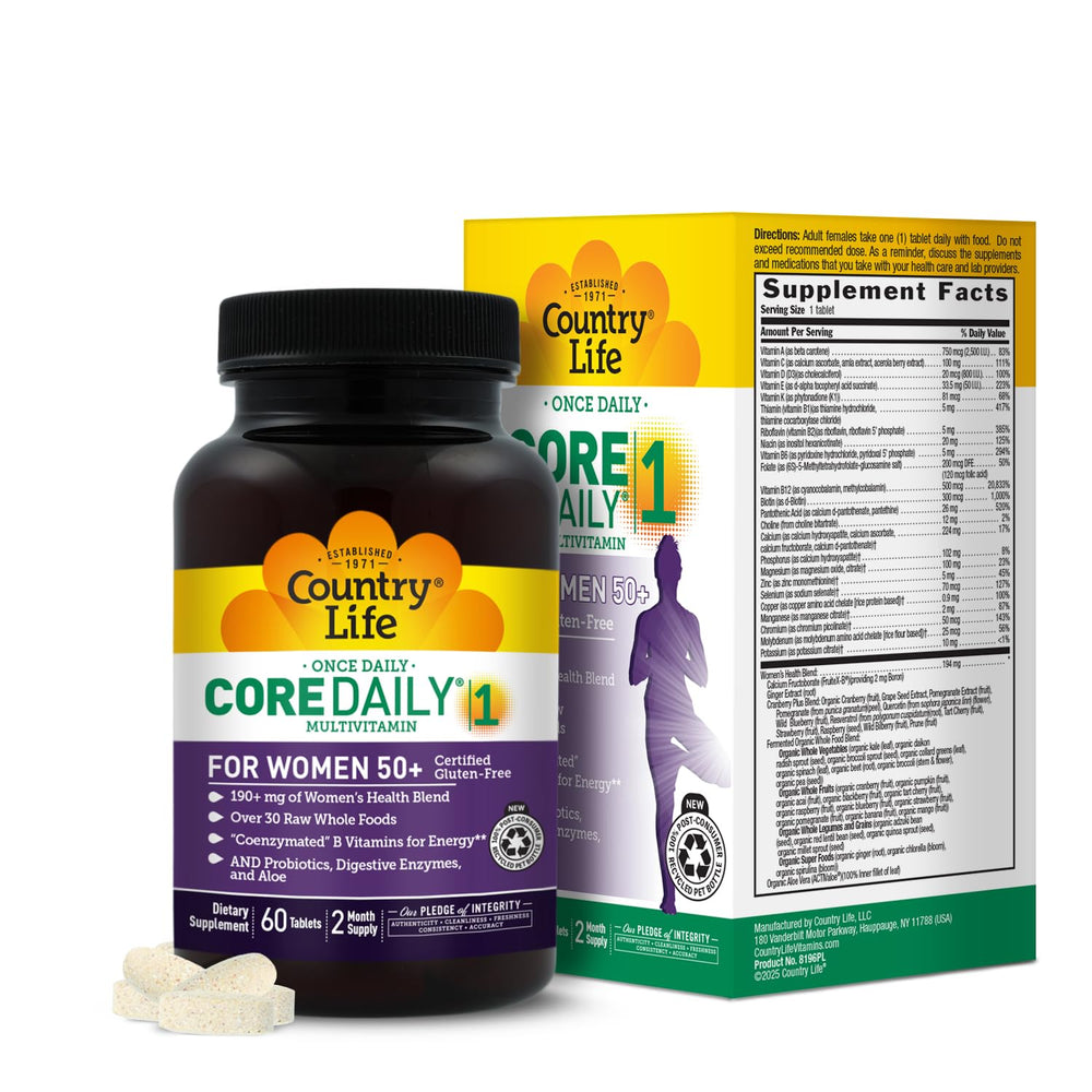 Country Life CORE Daily-1 for Women 50+ bottle shown for easy daily nutrition