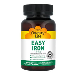 Country Life Easy Iron bottle-label close-up highlighting gentle, non-constipating ferrochel iron.