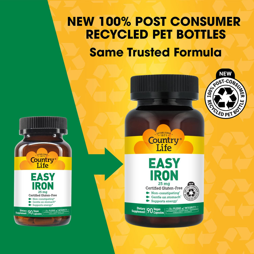 Country Life Easy Iron capsules close-up showcasing 25 mg dose and vegan status.