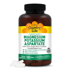 Country Life magnesium and potassium bottle on a counter, supporting daily heart health.