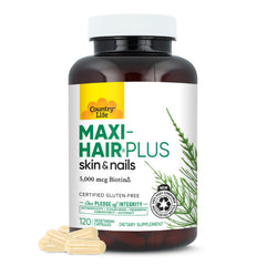 Country Life Maxi-Hair Plus bottle with gluten-free daily beauty supplement.