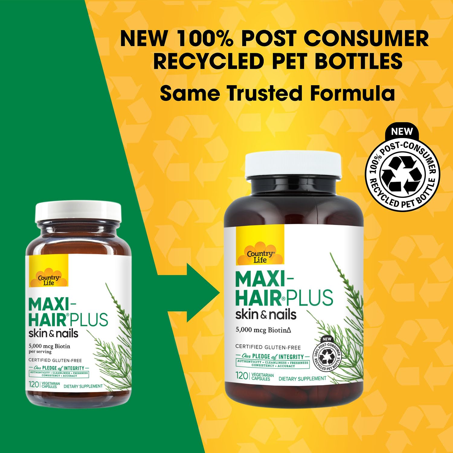 Country Life Maxi-Hair Plus capsules close-up for daily use.