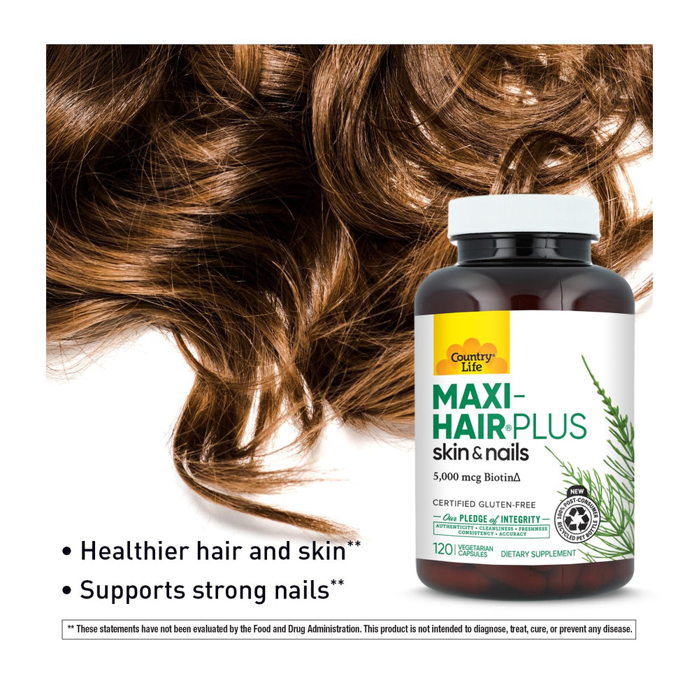 Country Life Maxi-Hair Plus manufactured in USA GMP facility stamp.