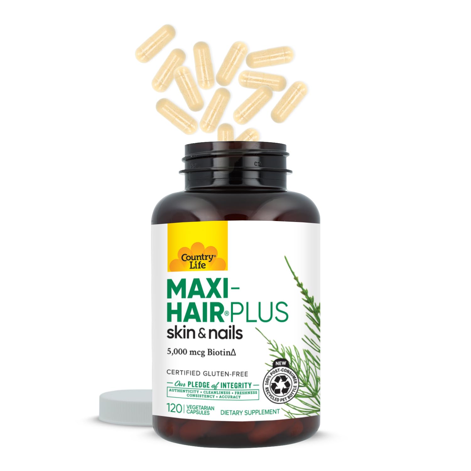 Country Life Maxi-Hair Plus vegetarian formula packaging highlighting clean ingredients.