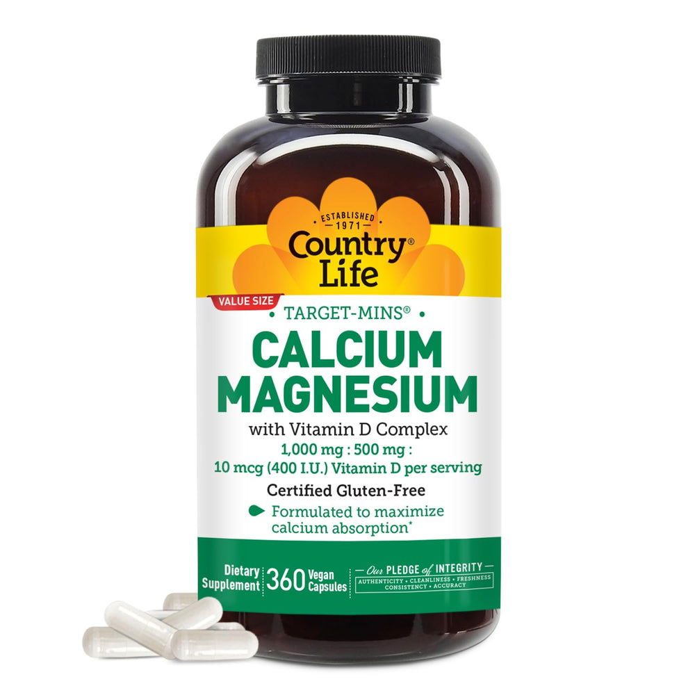Country Life Target-Mins bottle shows calcium magnesium vitamin D label for calcium availability.