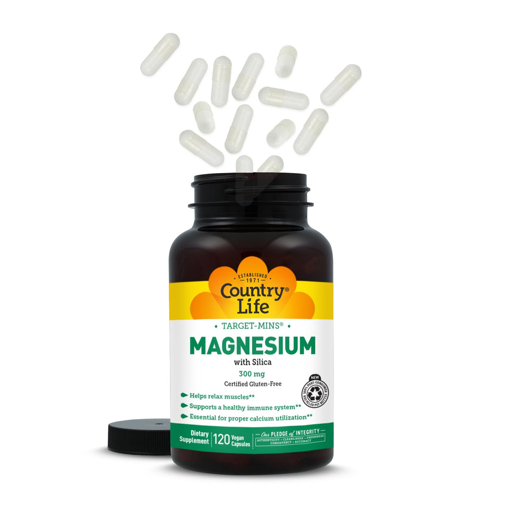 Country Life Target-Mins Silica blend image highlights 300 mg magnesium with silica synergy