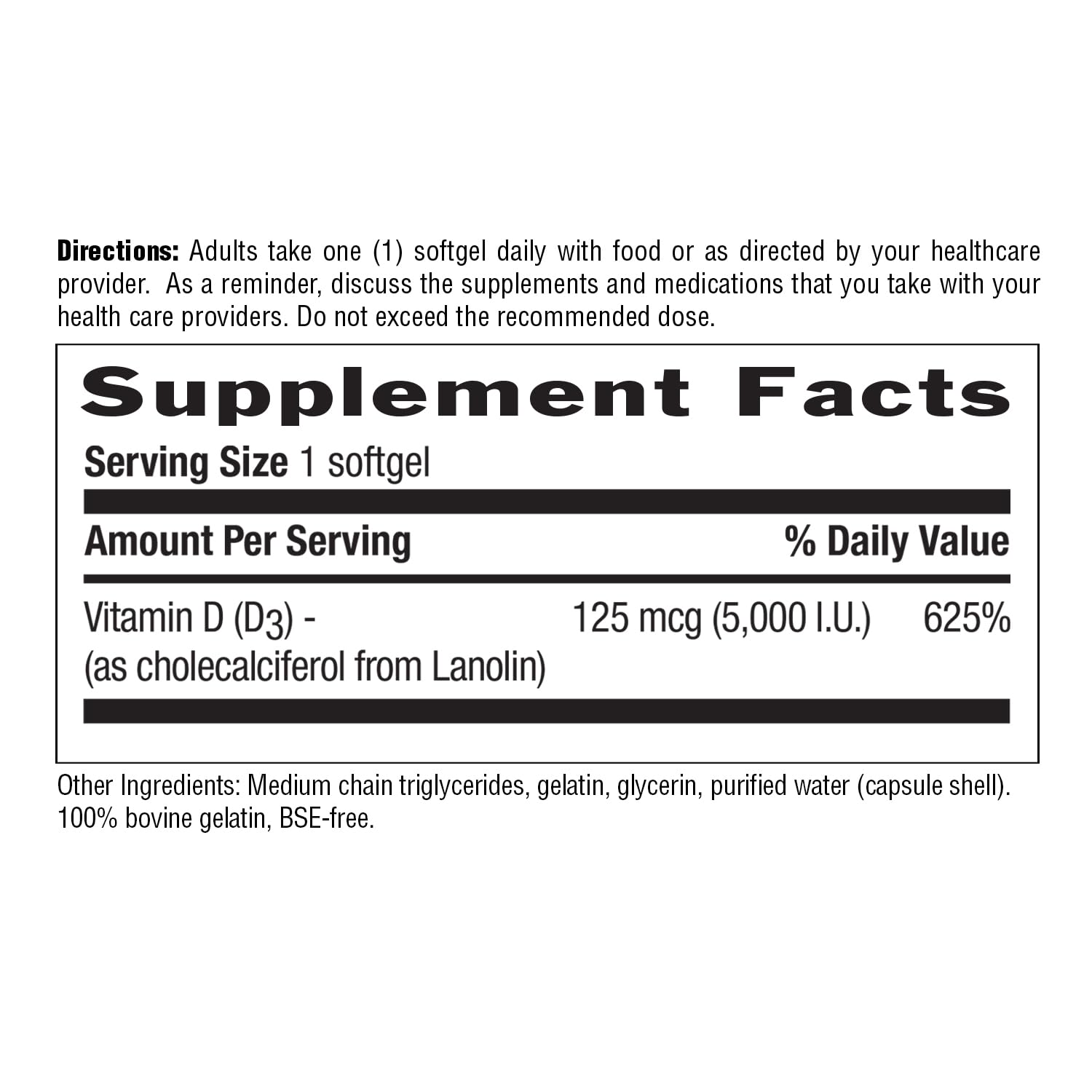 Label close-up notes 5000 IU potency and safe lanolin source.