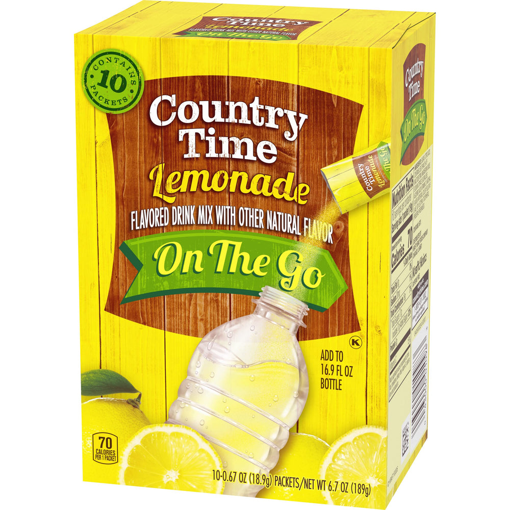 Country Time Lemonade Backpack-ready packets emphasize convenient on-the-go use.