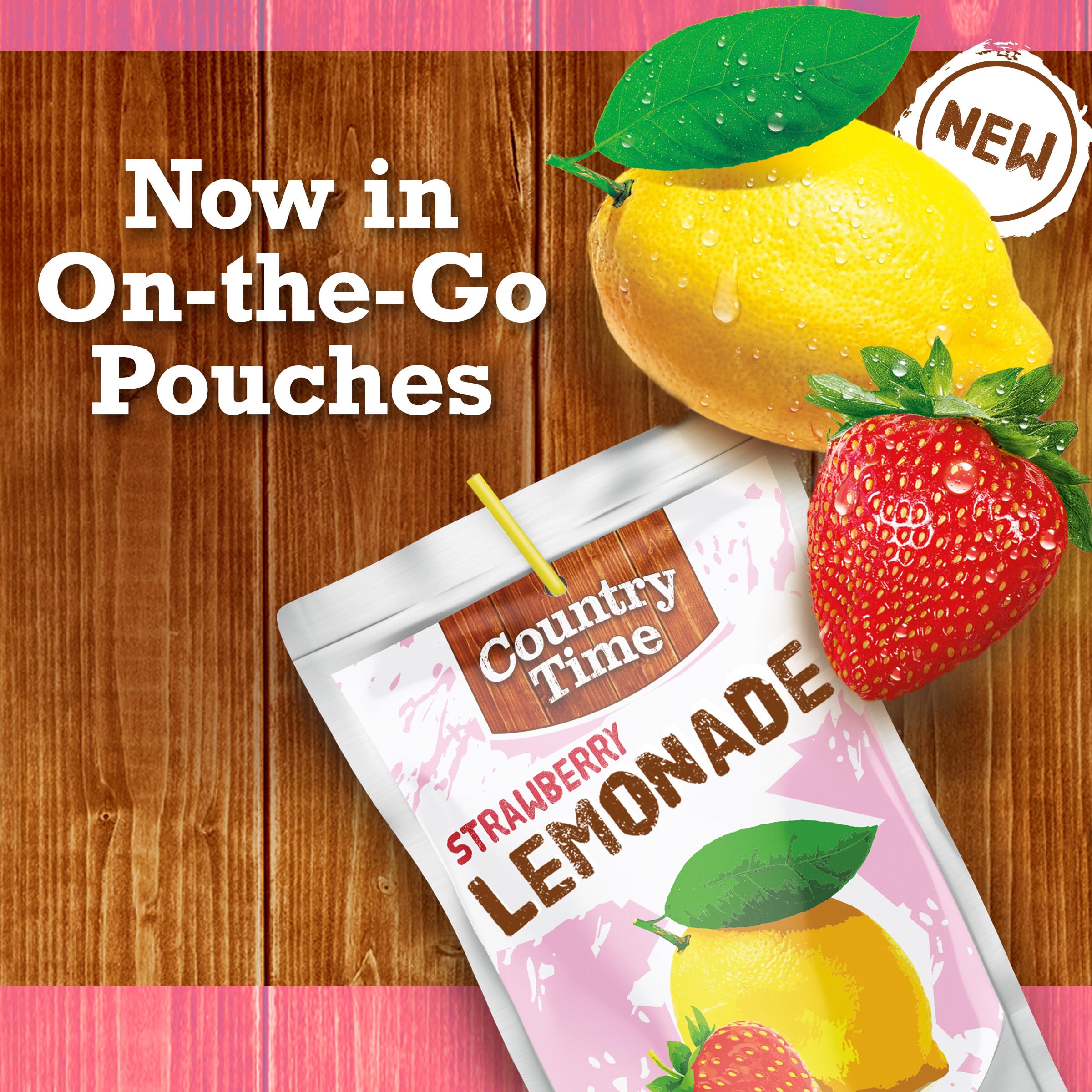 Country Time Strawberry Lemonade picnic setup with pouches in the sun