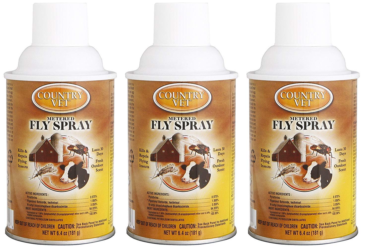 Country Vet pack of 3 metered fly spray cans for barns, attics, and homes to reduce flying insects.