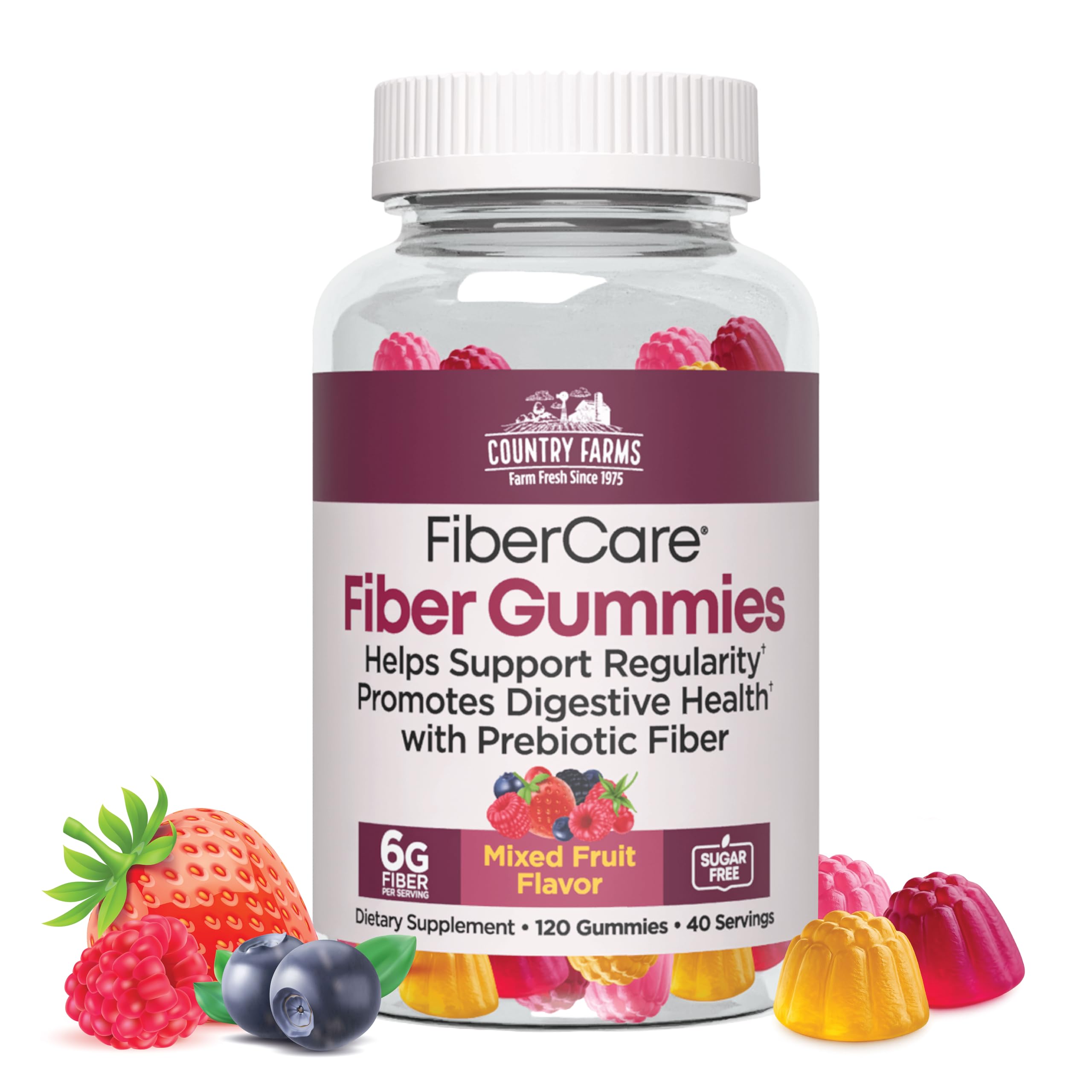 Country Farms Fiber Care Gummies bottle front with mixed fruit flavor for digestive support