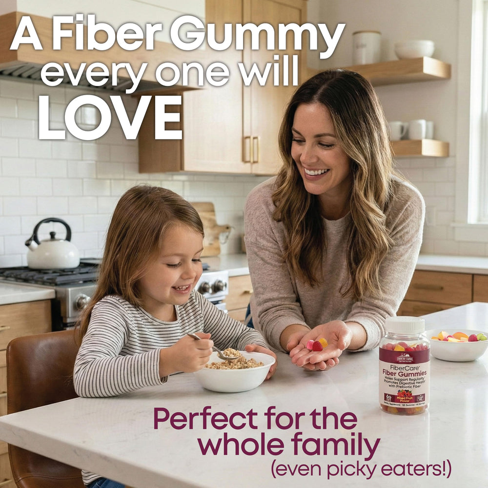 Country Farms Fiber Care Gummies dispensing shot showing easy daily serving