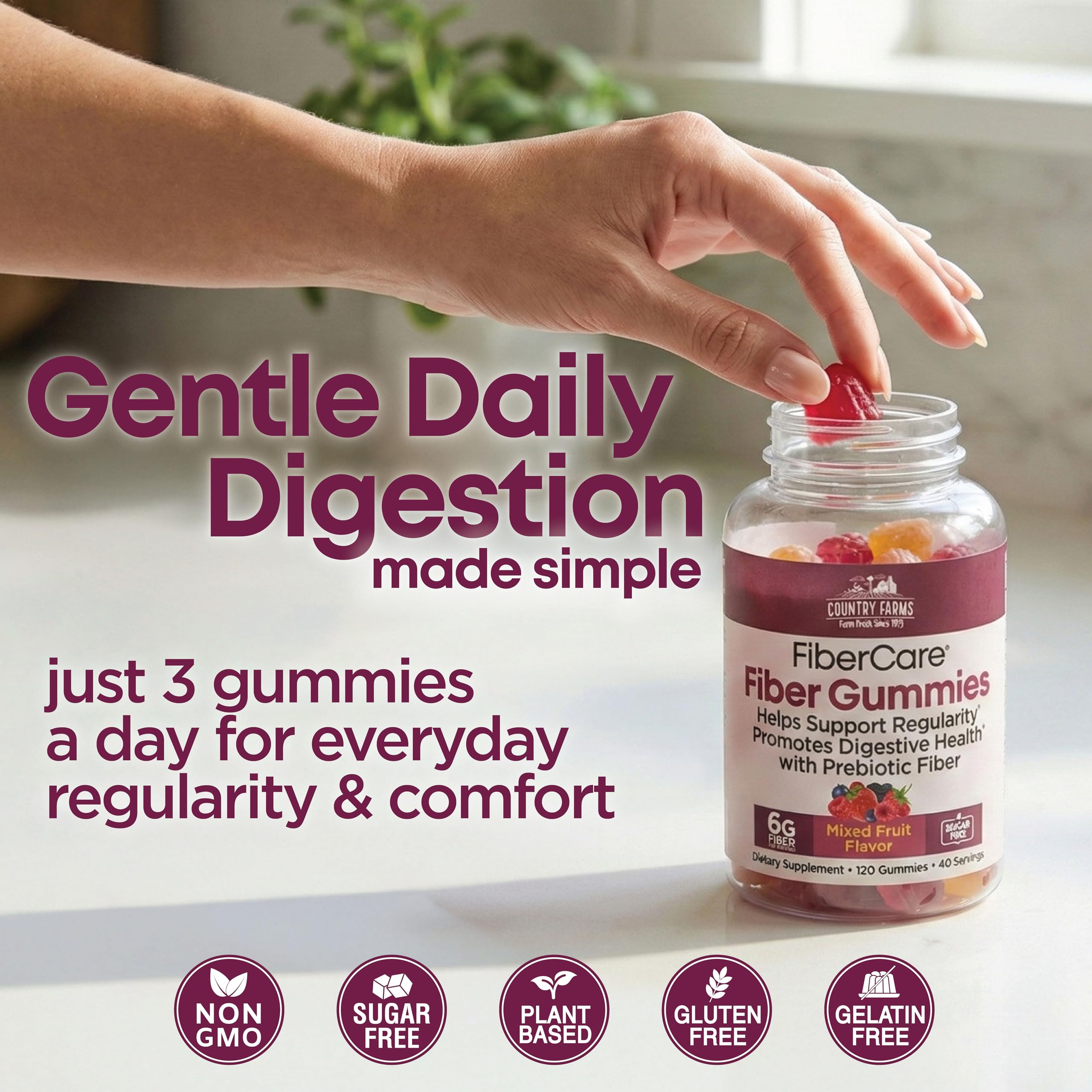 Country Farms Fiber Care Gummies with mixed fruit slices on a clean surface, a tasty snack option