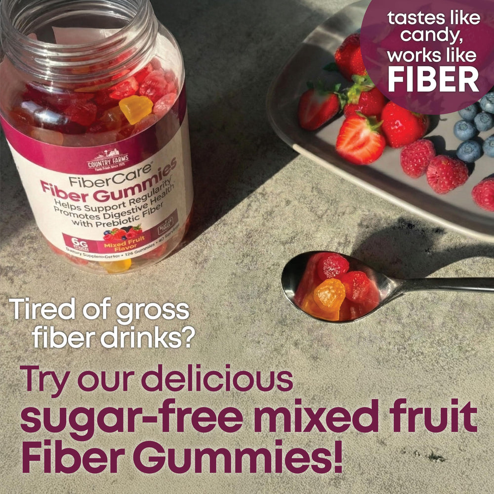 Country Farms Fiber Care Gummies nutrition label highlights serving size and fiber content for daily planning