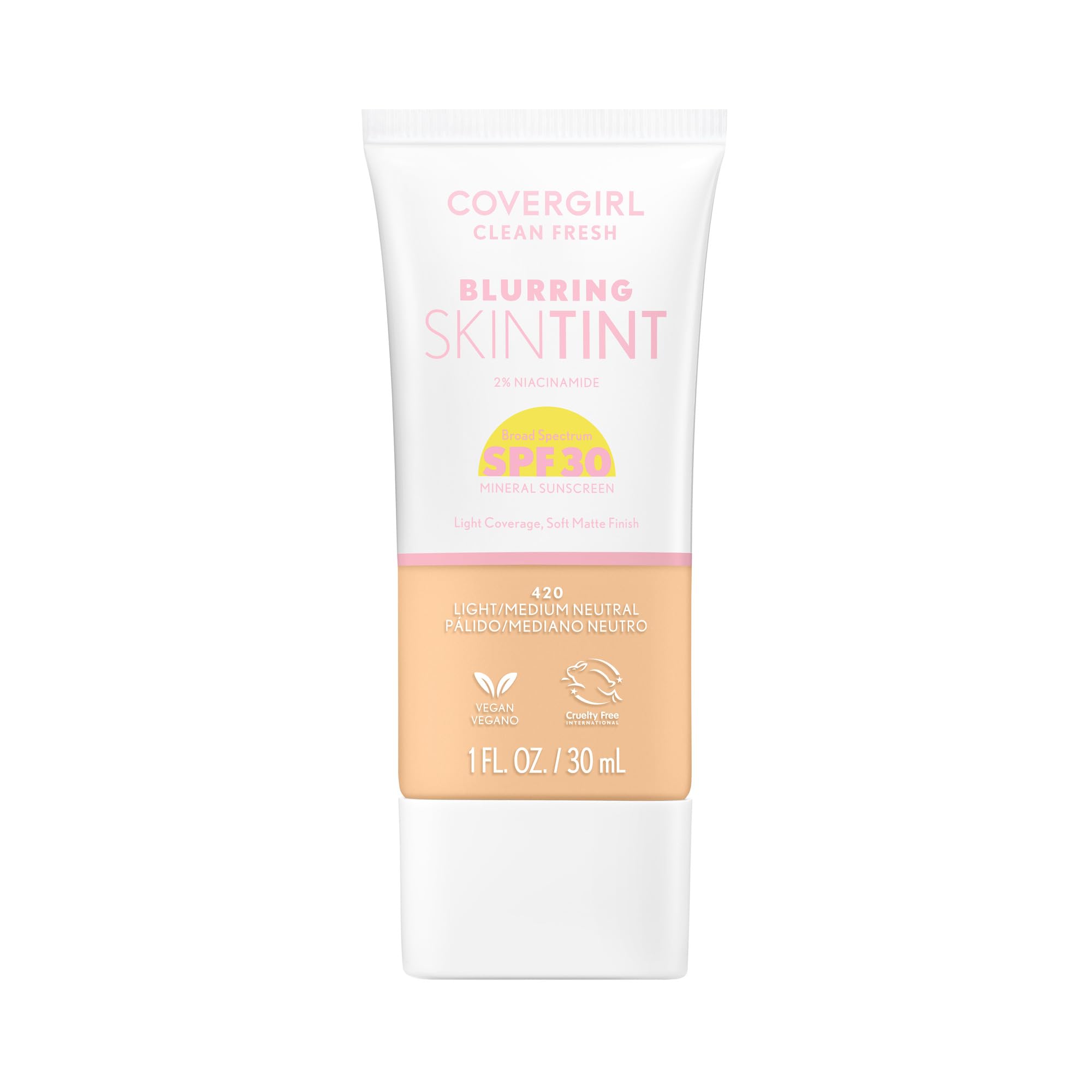 CoverGirl Clean Fresh Blurring Skin Tint bottle showing weightless coverage and SPF 30 protection