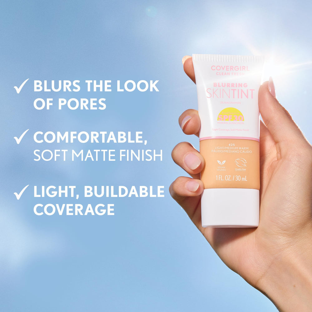 Pores-blur close-up with CoverGirl Clean Fresh Blurring Skin Tint on skin surface