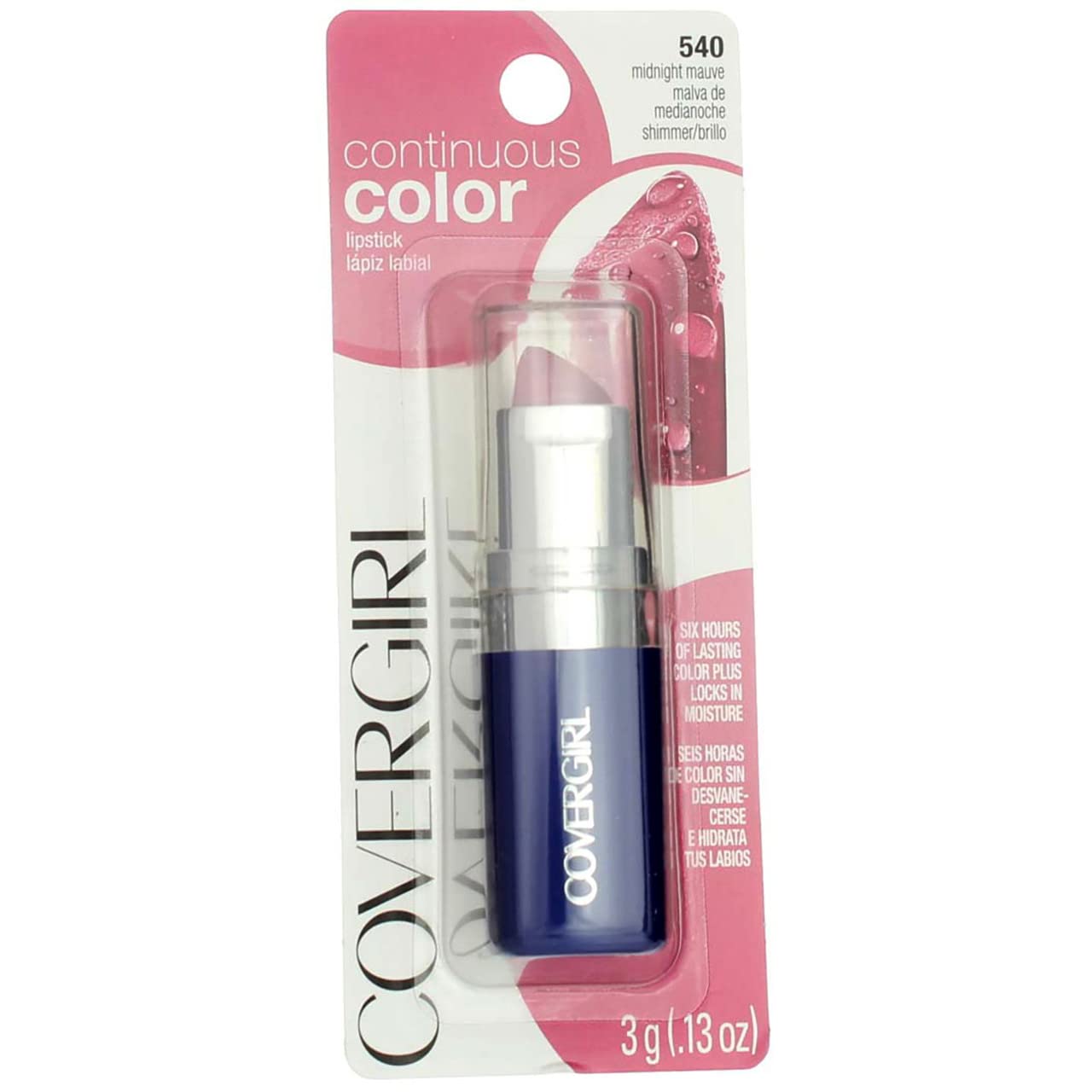 CoverGirl Continuous Color Lipstick Midnight Mauve 540 packaging closeup highlighting travel-friendly design for on-the-go color.