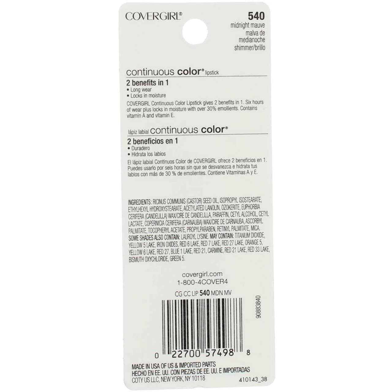 CoverGirl Continuous Color Lipstick Midnight Mauve 540 twist-up is easy for precise touch-ups.