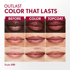 COVERGIRL Outlast Lip Color 010 Sugey Girl topcoat application demonstrates sealing color.