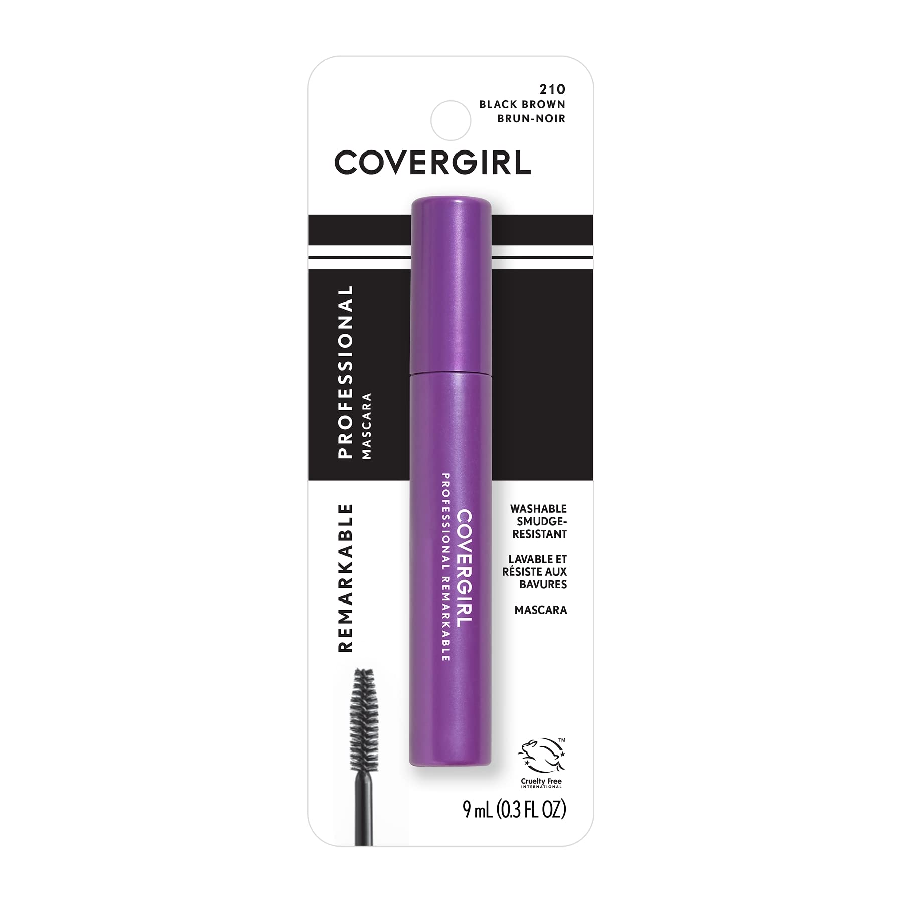 CoverGirl Professional Remarkable Waterproof Mascara wand highlights defined, smudge-resistant lashes.