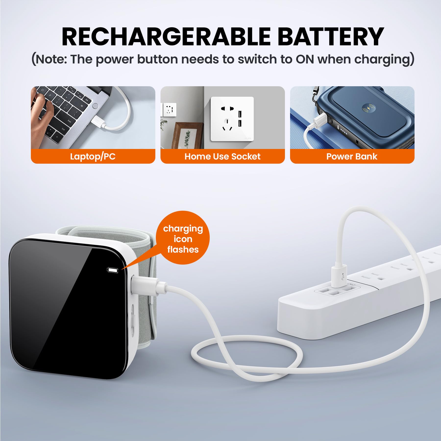 Coverich BP monitor charges via USB for convenient power on the go.